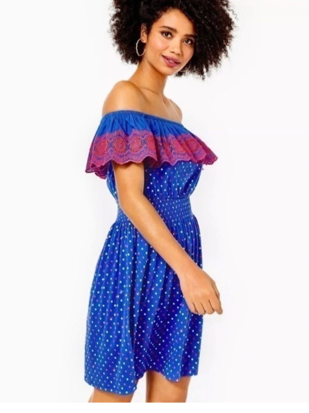 Lilly Pulitzer Kalama Off-The-Shoulder Smocked Mini Dress Embroidered Size Mediu